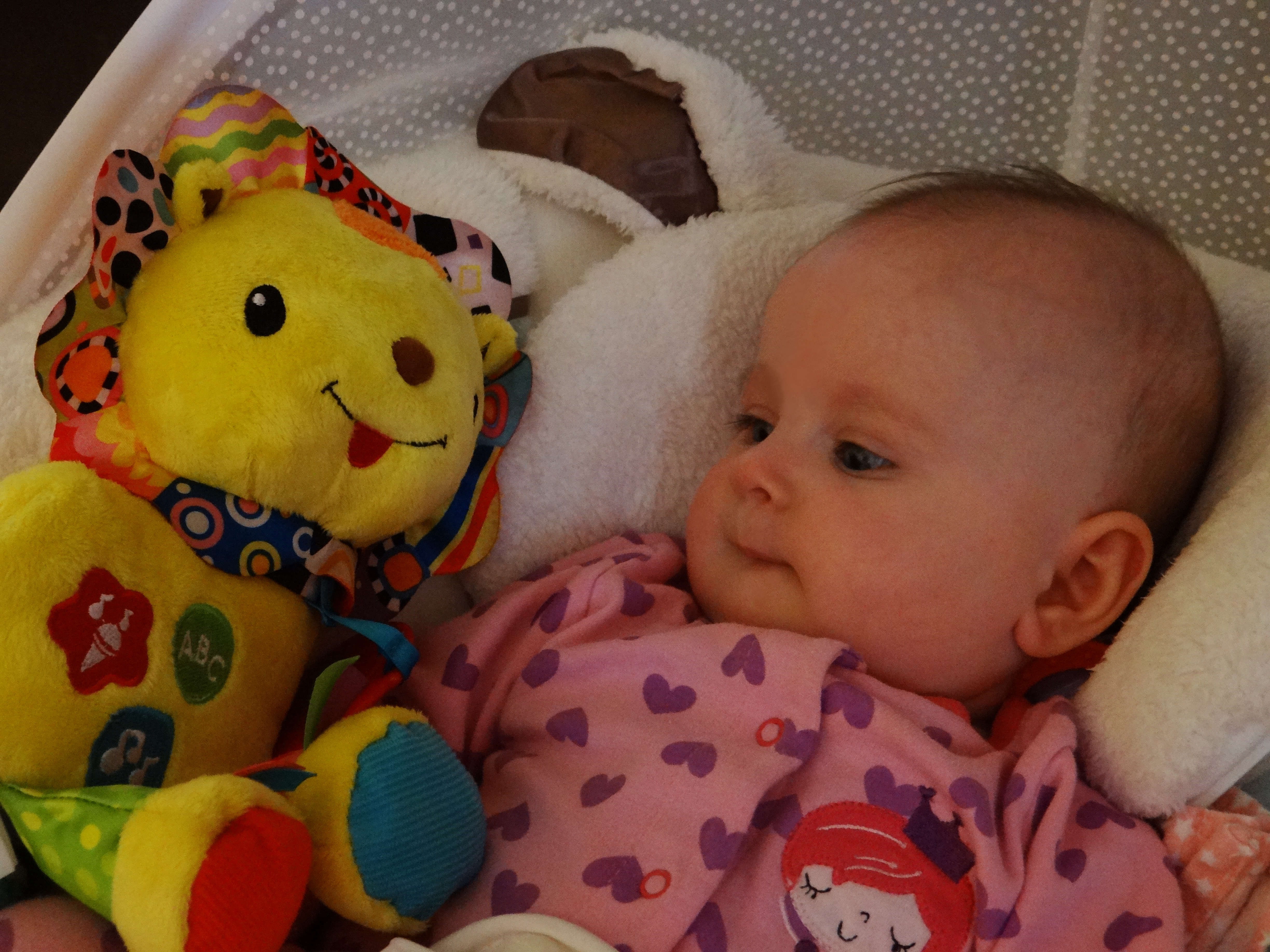 Baby with Vtech crinkle and roar lion toy