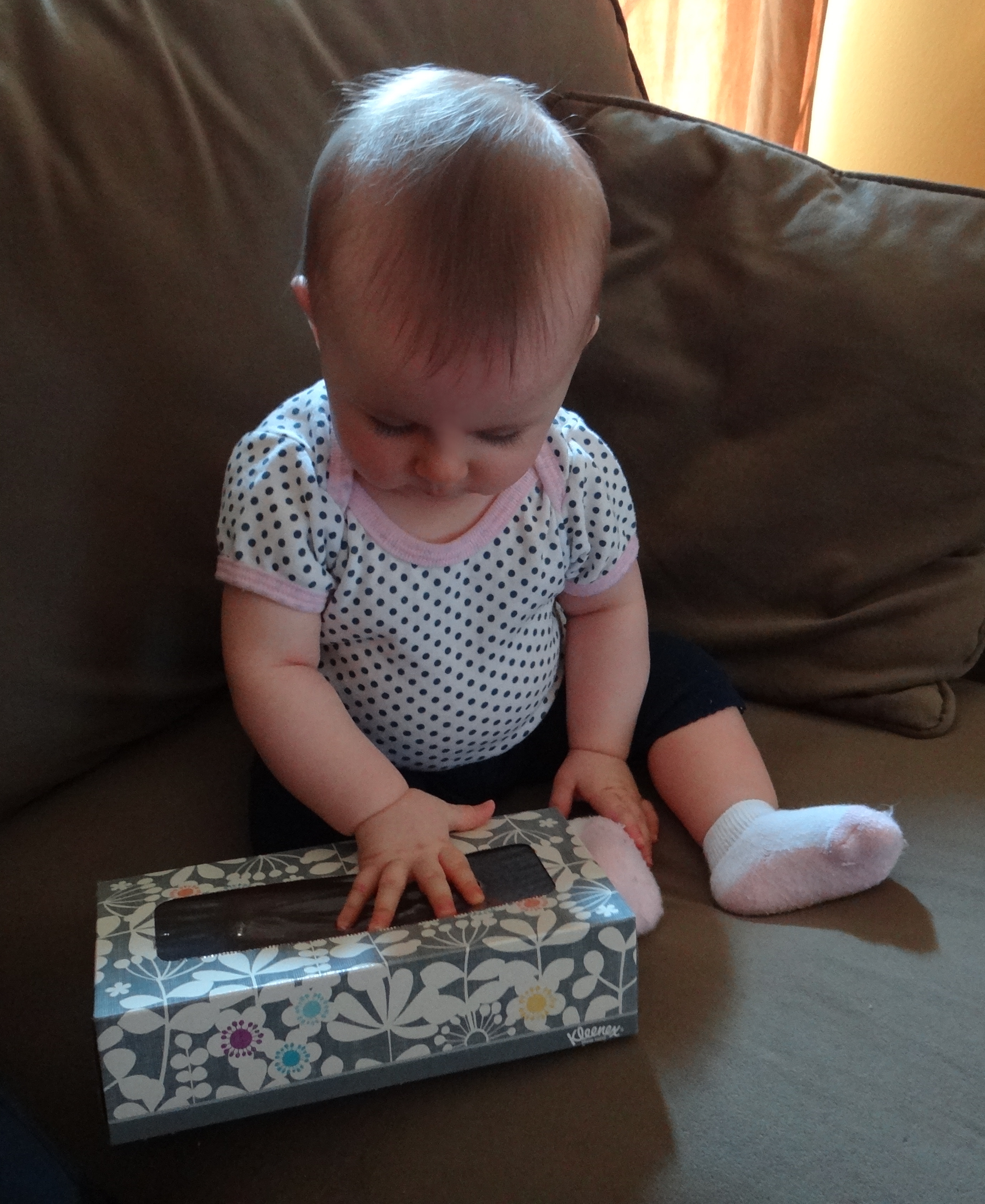 Baby playing with a tissue box
