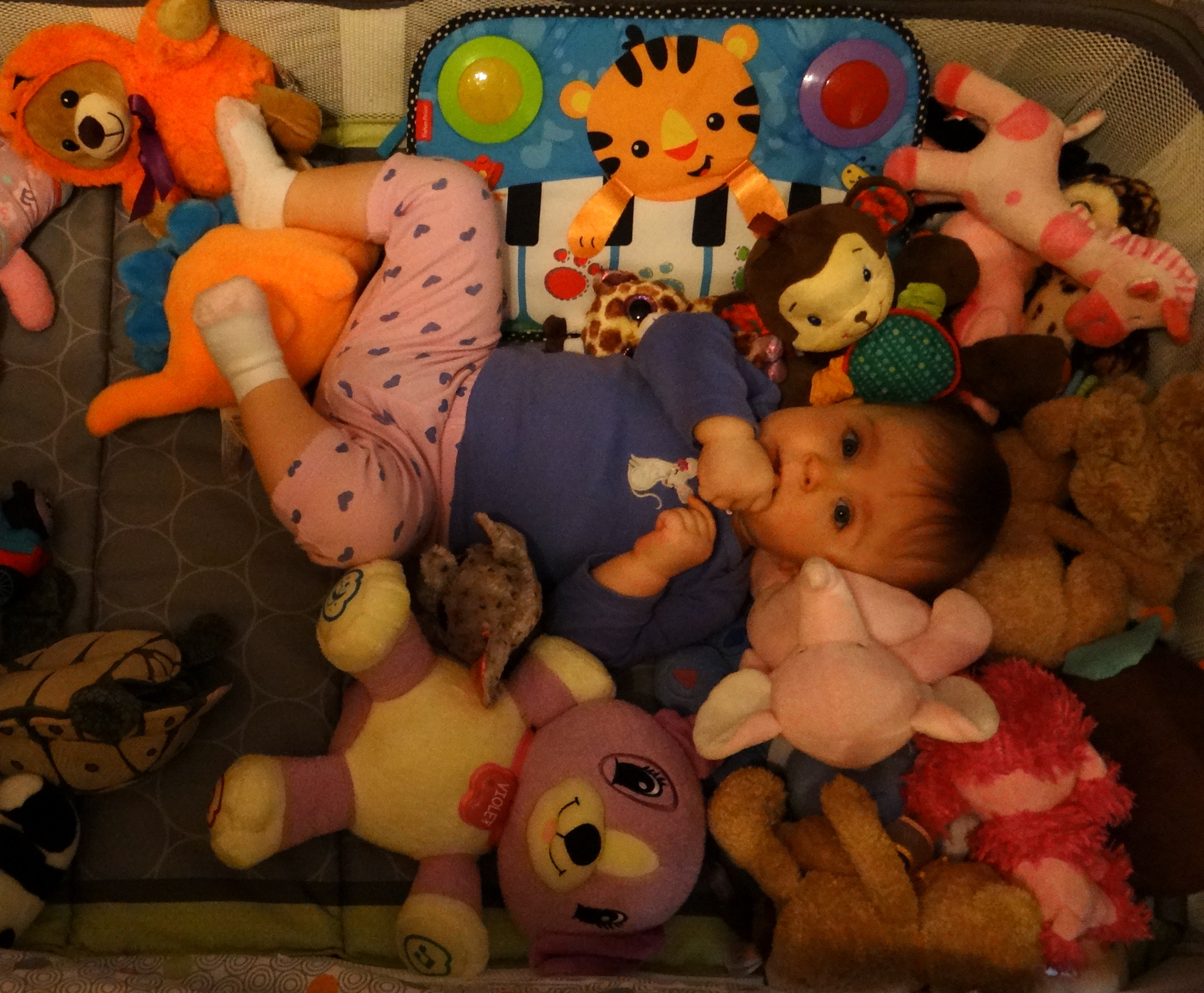 baby surrounded by toys and stuffed animals