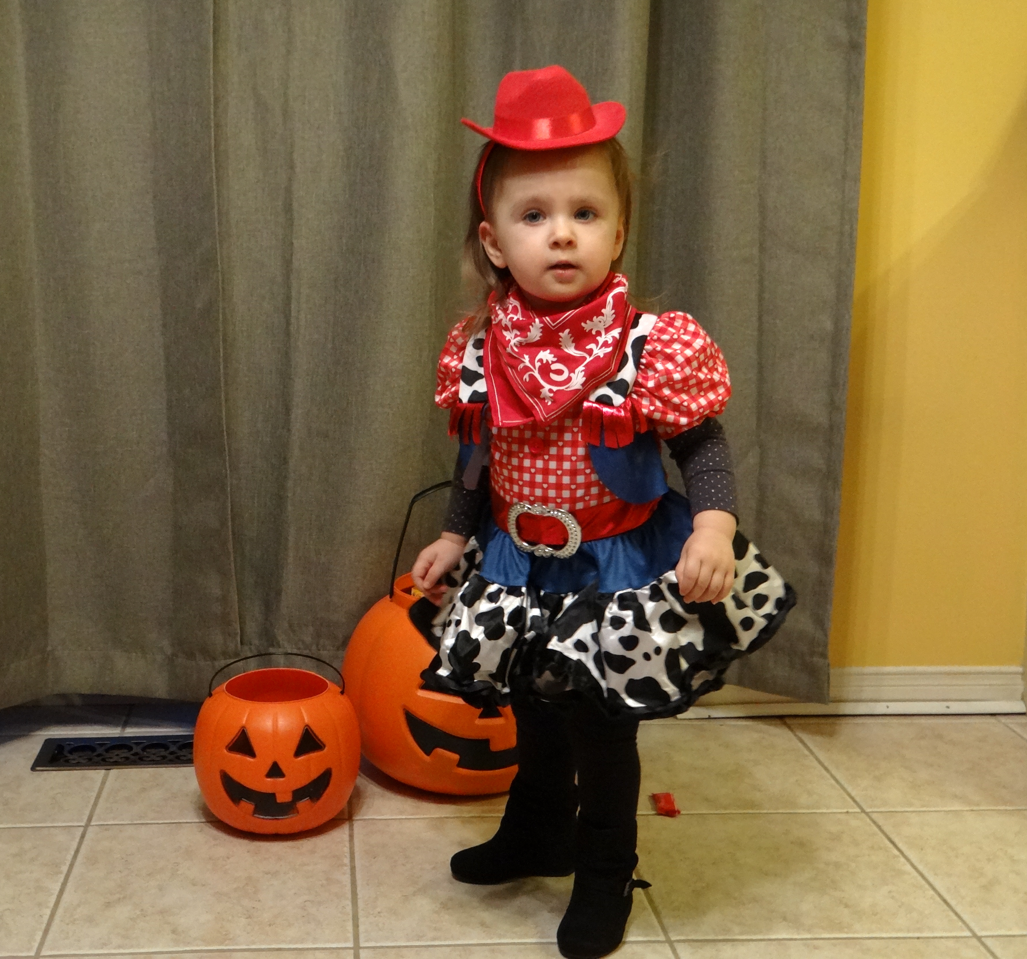 Peachy dressed up as a cowgirl and ready for Halloween